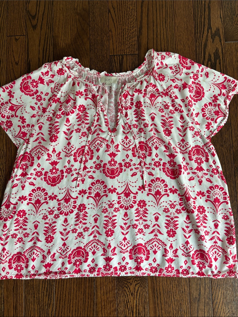LOFT White Blouse with Pink Floral Medallion Print. NWOT